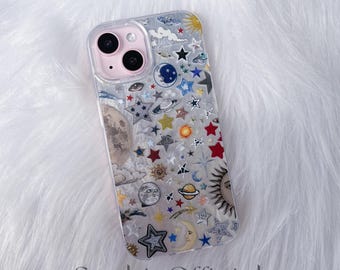 Retro Celestial Galaxy iPhone Case for iphone 17 16 15 14 13 12 11 pro max, shiny Planet Anime Pattern
