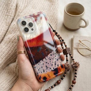 Pearlescent Color Block iPhone Case with Chain, MagSafe & Standard Options, Glossy Amber Gradient Case image 3