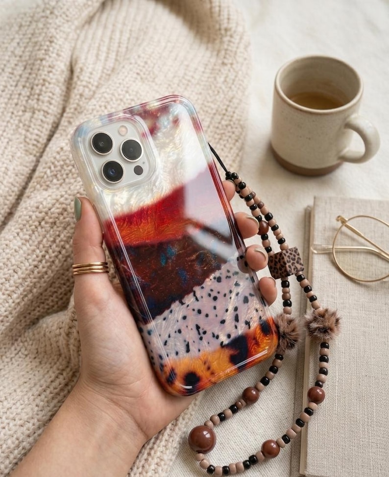 Pearlescent Color Block iPhone Case with Chain, MagSafe & Standard Options, Glossy Amber Gradient Case image 3
