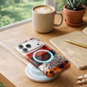 May include: A clear phone case with a colorful design, resting on a wireless charger. The case features a pattern of red, orange, and white. A mug of coffee and a small potted plant are also on the wooden surface.