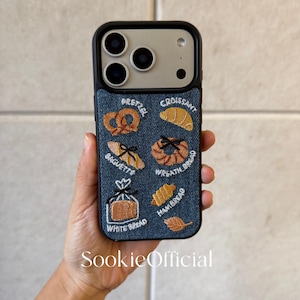 Embroidered Bread iPhone Case – Denim Bakery Design, Full Protection (iPhone 14-17 Pro Max)