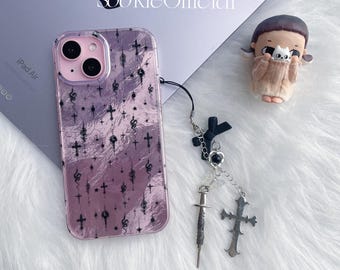Glossy Gothic Purple iPhone Case with Chain, Y2K Sparkling Protective Cover