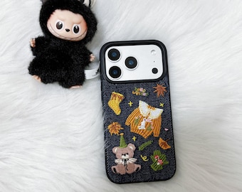 Christmas Denim Embroidered iPhone Case – Teddy Bear Winter Cover