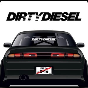May include: A black car with a rear window sticker that says "DIRTY DIESEL" and a number plate that says "S-14".