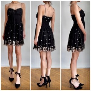 Vintage Betsey Johnson Sweetheart Ruffle Silk Embroidered Mesh Black Dress