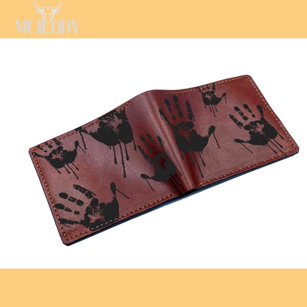 Customized leather men's wallet, bloody hand pattern, horror men's gift, halloween present for men, idea gift for boyfriend, husband, father
