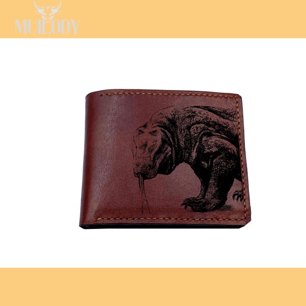 Personalized animal pattern leather men's wallet, komodo lizard reptile sketch art, gift for men, wallet for dad, birthday gift idea for men
