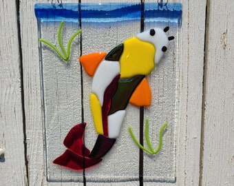 Fused Glass  Koi Fish Suncatcher  Japanese  Good Luck   Wall Art  Good Fortune  Abundance  Buddhism