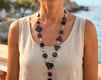 Black onyx, Red Jasper Pearl geometric lariat necklace. Convertible statement jewelry.