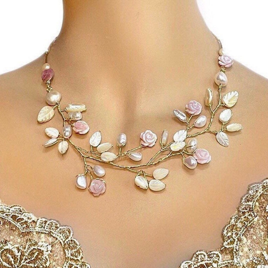 Rare Bridal Necklace Woven With Pink Shell Roses , Mop Leaves, Natural
