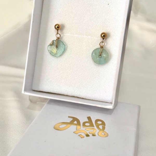 Ancient Roman Glass Earrings of teal shade small coins wrapped with gold filled wire. Short Minimalist RG earrings.