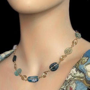 Ancient Roman Glass Necklace. Handmade Statement Jewelry with 14K Gold Filled Wire.