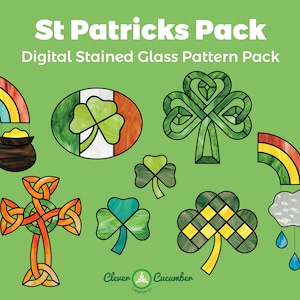 May include: A digital stained glass pattern pack with a St. Patrick's Day theme. The pack includes a rainbow, pot of gold, shamrocks, a cross, and a cloud with raindrops.
