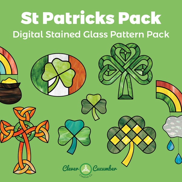 St Patricks Day Shamrock Rainbow Pot of Gold Celtic Knot Cross Suncatcher Stained Glass Pattern Bundle Download