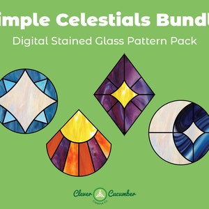 May include: A digital stained glass pattern pack with four celestial designs: a blue circle with a white star, a purple diamond with a yellow star, a purple and orange crescent moon with a white star, and a purple and orange sun with a yellow center.