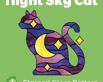 Patrón de vidriera con silueta de gato, gatito, luna y estrellas en el cielo nocturno
