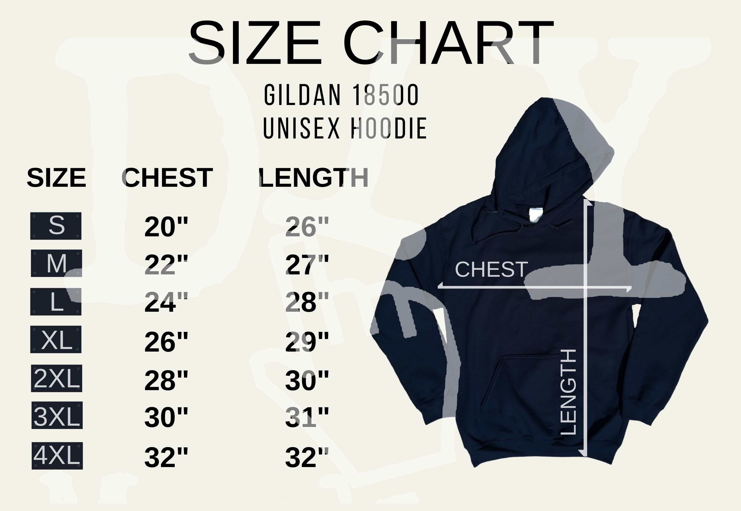 Hoodie Size Chart Unisex Gildan 18500 Size Chart Mockup S-4XL | Etsy UK