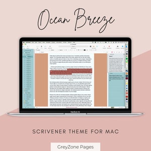 May include: A screenshot of a laptop displaying a Scrivener theme called "Ocean Breeze" for Mac. The theme features a light blue and white color scheme with a subtle ocean-inspired design. The text "GreyZone Pages" is displayed below the theme name.