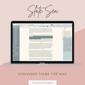 May include: A screenshot of a MacBook Air displaying a Scrivener theme called "State Sea" for Mac. The theme is designed for writers and features a light grey background with a dark grey text. The theme includes a sidebar with a list of chapters, characters, and other writing elements. The text on the screen reads "State Sea" and "GreyZone Pages".