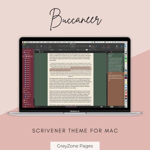 Puede incluir: Una captura de pantalla de un ordenador Mac que muestra el software de escritura Scrivener. La pantalla muestra un esquema de color verde oscuro y marrón con el texto "Buccaneer" en la parte superior de la pantalla. El software está abierto a un documento titulado "Escena 1" con texto en el documento. La interfaz del software incluye una barra lateral con una lista de capítulos y otros elementos de escritura.