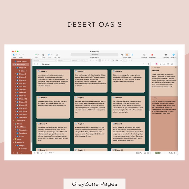 Puede incluir: Una pantalla de ordenador que muestra un programa de escritura con un fondo verde y una cuadr&iacute;cula de cuadros de texto. Los cuadros de texto contienen t&iacute;tulos de cap&iacute;tulos y texto. El t&iacute;tulo del programa es "Desert Oasis".