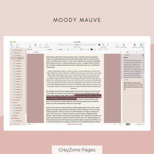 Puede incluir: Una captura de pantalla de una computadora que muestra un programa de escritura con un documento de texto de muestra. El documento se titula "Moody Mauve" y contiene un texto de muestra sobre una historia ficticia. El texto est&aacute; escrito en una fuente de color malva.