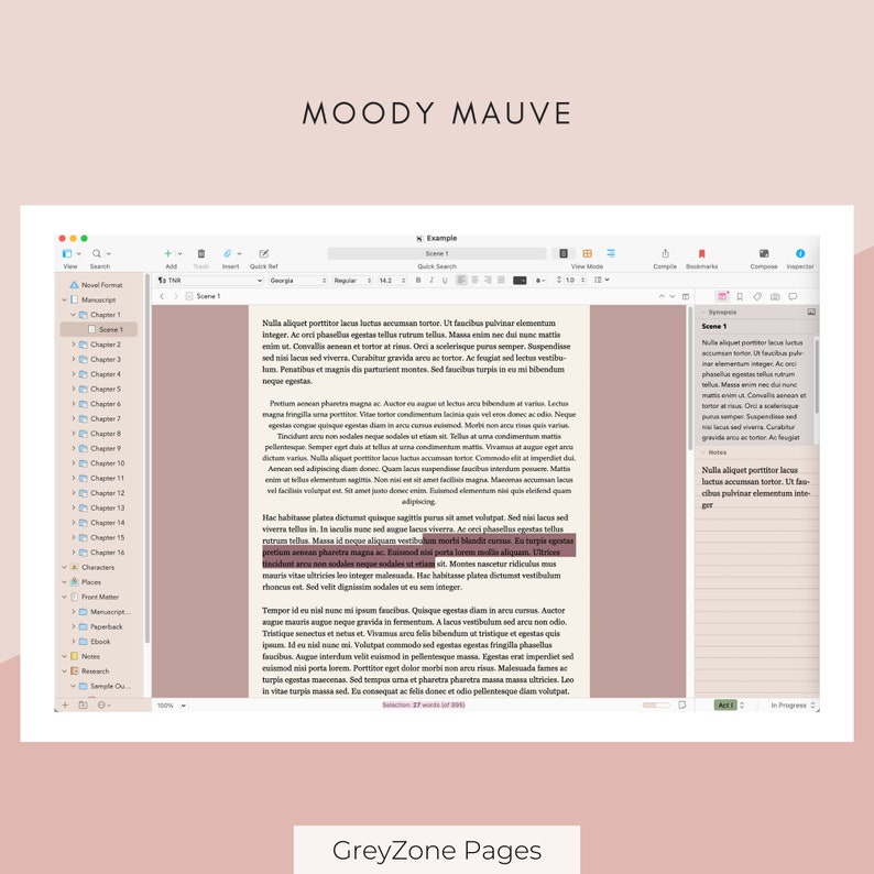 Puede incluir: Una captura de pantalla de una computadora que muestra un programa de escritura con un documento de texto de muestra. El documento se titula "Moody Mauve" y contiene un texto de muestra sobre una historia ficticia. El texto est&aacute; escrito en una fuente de color malva.
