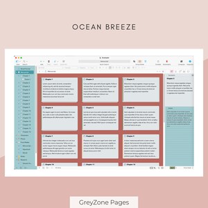 Puede incluir: Una pantalla de ordenador que muestra un programa de escritura con un fondo rojo y una barra lateral azul claro. El programa se llama "GreyZone Pages" y se utiliza para organizar y escribir una novela. La pantalla muestra un esquema de novela con cap&iacute;tulos y sinopsis.