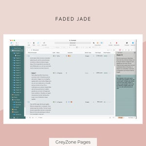 Puede incluir: Una pantalla de ordenador que muestra un programa de software de escritura con un fondo azul claro. El programa se llama "GreyZone Pages" y se utiliza para organizar y hacer un seguimiento de los proyectos de escritura. La pantalla muestra una lista de cap&iacute;tulos y escenas, junto con su estado, recuento de palabras y palabras clave.