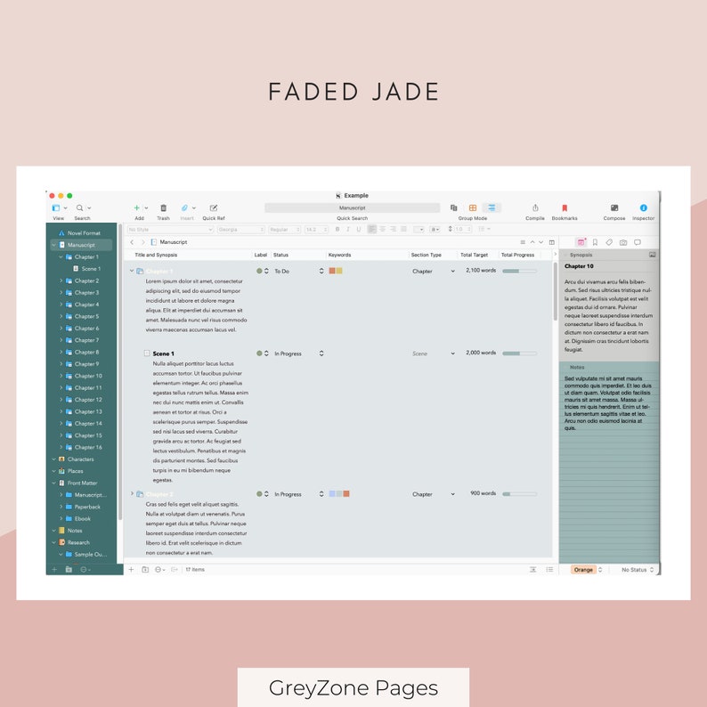 Puede incluir: Una pantalla de ordenador que muestra un programa de software de escritura con un fondo azul claro. El programa se llama "GreyZone Pages" y se utiliza para organizar y hacer un seguimiento de los proyectos de escritura. La pantalla muestra una lista de cap&iacute;tulos y escenas, junto con su estado, recuento de palabras y palabras clave.