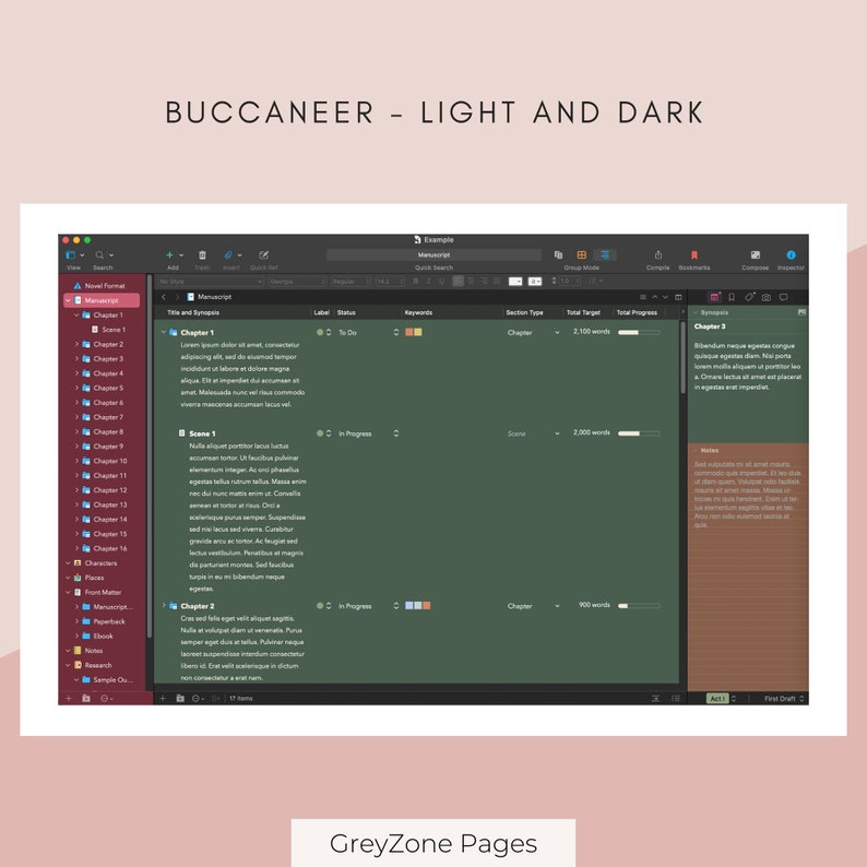 Puede incluir: Una captura de pantalla de una computadora que muestra un programa de software de escritura de novelas. El programa se llama "GreyZone Pages" y se utiliza para escribir novelas. La pantalla muestra una lista de cap&iacute;tulos y escenas, con el recuento de palabras para cada uno. El programa tambi&eacute;n incluye una secci&oacute;n de sinopsis, que se utiliza para escribir un resumen de la historia.