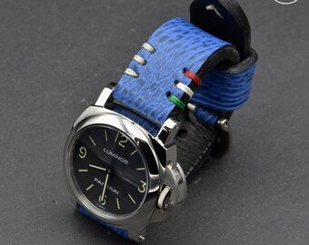 Artisan Handmade "Azzurro" Serie Sky Blue Shark leather watch strap with minimalistic Tricolor stitching 20 22 24 26 mm Made in Italy