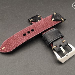 Artisan Handmade Bordeaux Distressed Canvas and Black Leather watch strap with vintage white stitching details  22 24 26 mm Made in Italy