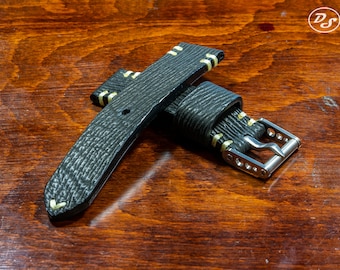 Handmade "Nero" Serie Black Shark leather watch strap with minimalistic dual point stitching 20 22 24 26 mm Made in Italy