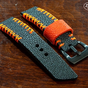 Artisan Handmade "Tribale" Serie Bicolor Black Orange Stingray leather watch strap with orange stitching 20 22 24 26 mm Made in Italy