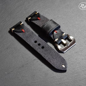 Artisan Handmade Black Distressed Canvas and Leather watch strap with red stitching details  22 24 26 mm Made in Italy