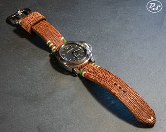 Artisan Handmade "Legno" Serie Wooden Brown Shark leather watch strap with Tricolore detail 20 22 24 26 mm Made in Italy