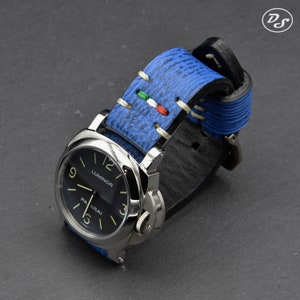 Artisan Handmade &quot;Azzurro&quot; Serie Sky Blue Shark leather watch strap with Tricolor stitching 20 22 24 26 mm Made in Italy