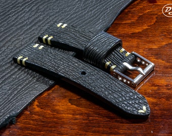 Handmade "Nero" Serie Black Shark leather watch strap with minimalistic dual point stitching 20 22 24 26 mm Made in Italy