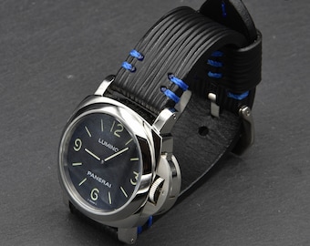 Correa de reloj artesanal de cuero de vaca italiano negro a rayas de 24 mm Hecho en Italia