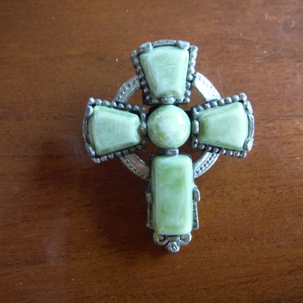 Vintage Celtic/Jacobite Cross Brooch - Glass Connemara Marble - Excellent