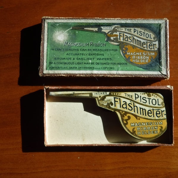 Antique Tin Pistol Flashmeter Advertising Tin with Original Box - Rare Photography Artifact