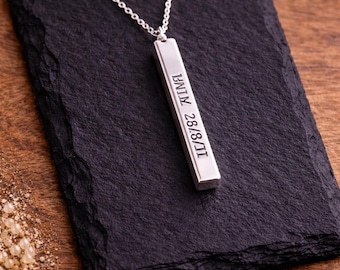 Personalized Vertical Bar Necklace, Engraved Name Necklace Included, Custom Date Jewelry, Minimalist Bar Pendant, Gift for Her