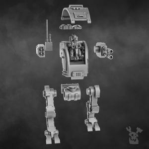 May include: A disassembled grey plastic model kit of a futuristic robot or mech. The model is made up of several pieces, including a torso, legs, arms, and a head. The model is in a disassembled state, with the pieces spread out on a grey background.