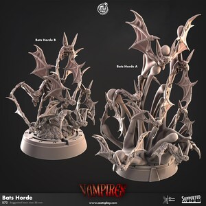 May include: Two detailed, gray-toned miniature sculptures of bat hordes. One is labeled "Bats Horde B" and the other "Bats Horde A". The bases are round with a textured surface. The text "Vampires" and "Bats Horde" are visible.