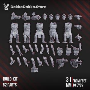 May include: A selection of 62 grey plastic miniature parts for a build-kit, including armour, weapons, and heads. The text "DakkaDakka.Store" is at the top. The text "BUILD-KIT 62 PARTS" is at the bottom. The text "31 MM FROM FEET TO EYES" is on the right.