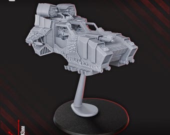 May include: A gray, detailed model of a futuristic vehicle, possibly a tank or transport, with multiple turrets and intricate paneling. The model is mounted on a stand, with dimensions of 62mm high, 78mm long, and 43mm wide. The text "15 PARTS" is visible.