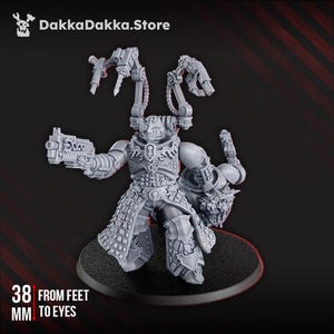 May include: A grey miniature warrior figure with mechanical arms and armour. The figure is on a black base and has the text "38 MM FROM FEET TO EYES". The DakkaDakka.Store logo is in the top left corner.