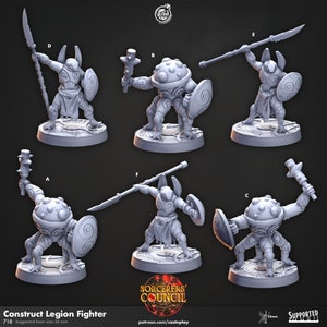 May include: Six gray 3D printed miniature figures of a construct legion fighter, each with a different pose and weapon. The figures are standing on circular bases with intricate designs. The text "Construct Legion Fighter" and "718" are visible at the bottom of the image.