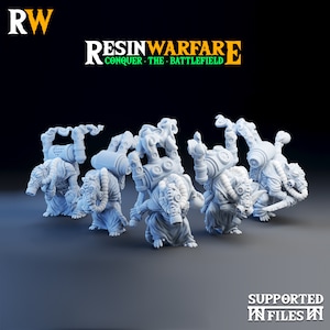 May include: A set of six 3D printed miniature figures of rat-like creatures wearing gas masks and carrying steampunk-style weapons. The figures are printed in a light gray color and are posed in a variety of action poses. The figures are labeled "RESINWARFARE CONQUER THE BATTLEFIELD".